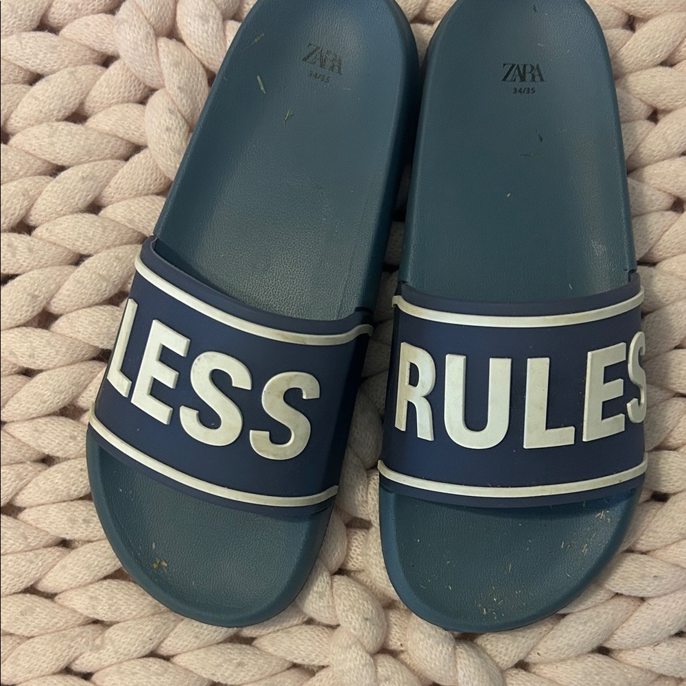 Zara Navy Slides with Bold Text